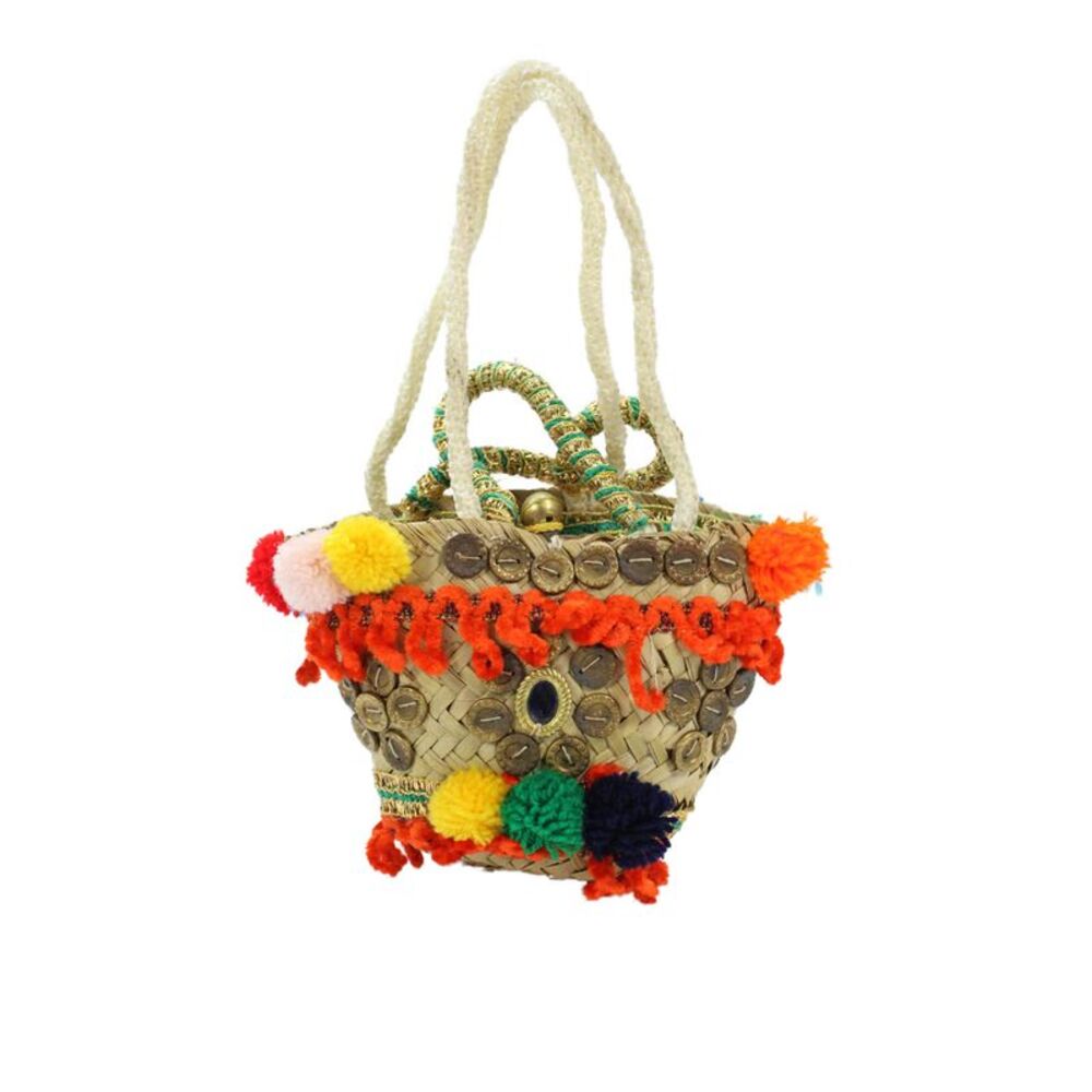 Designer Womens Double Handle Embellished Wicker Basket Tote Handbag Beige Multi